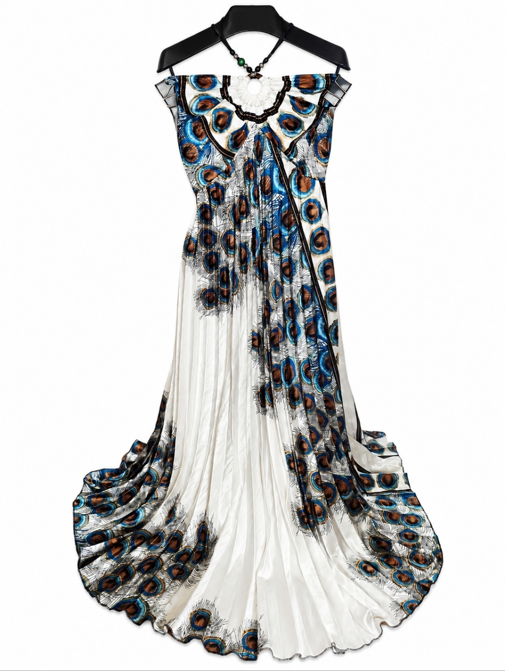 Peacock Print Pleated Maxi Dress – Boho Resort Style - Picture 2 of 3